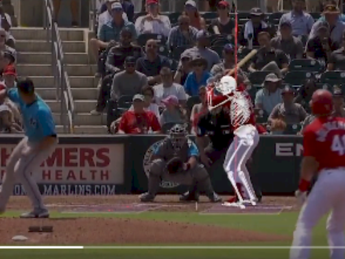 Baseball players in a stadium, with the batter's skeleton overlaid