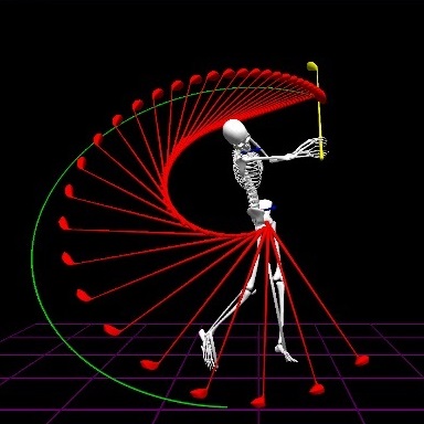 A rendered skeleton playing golf, showing the path of the golf club